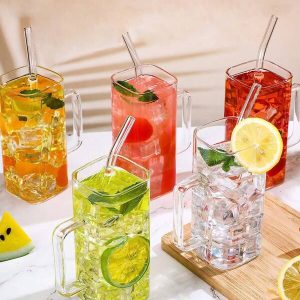 SHEIN 1Pc Square Glass Cup With Handle High-value Simple Milk Juice Cup Straw Water Cup Clear