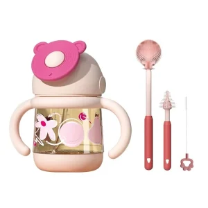 2pcs 270ml water bottles and three sets of cup brushes, baby learning cups and brushes for cleaning baby straws pink Pink