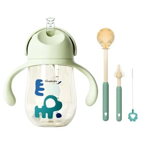 2pcs 260ml water bottles and three sets of cup brushes, PPSU safe material baby learning cup without bisphenol A and brush for cleaning baby straws green Green