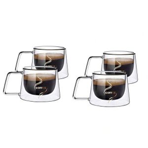 4pcs/Set 200ml Double-Walled Glass Coffee Cup With Handle, Thermal Insulated Transparent Mug, Suitable For Tea, Coffee, Latte, Cappuccino, Juice, Beverages, Iced Water, Dishwasher Safe School Supplies Transparent