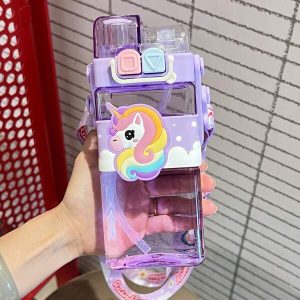 Children's Square Water Bottle, Elementary School Student Dedicated, Girls' High-Value Cute Water Bottle With Straw Purple