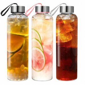 Glass Water Bottles  - 3 Packs 18oz Glass Bottles With Lids - Ideal For Juice, Juice Cleanses, And Reusable Juicing Bottles,Wide Mouth Liquid Storage Containers For Refrigerator no sleeves