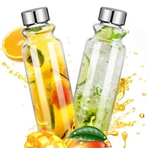 Glass Water Bottles - 2 Packs 18oz Glass Bottles With Lids - Ideal For Juice, Juice Cleanses, And Reusable Juicing Bottles,Wide Mouth Liquid Storage Containers For Refrigerator Clear