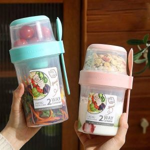 2pcs/1pc Salad Cup And Fork Set Portable Breakfast Food Container, Fruit Cup, Yogurt Cup, Fitness Cup, Travel Cup, Water Bottle, Kitchen Baking Tool - Suitable For Home, Office, School And Travel Multicolor