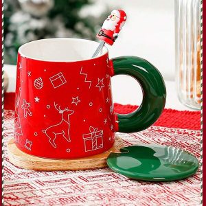 3pcs/Set Ceramic Graffiti 400ml Water/Milk/Coffee Cup Set, Creative Gift Mugs With Lids & Spoons, For Christmas Multicolor