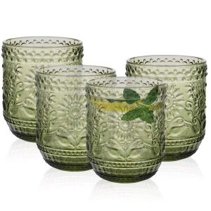 Vintage Drinking Glasses Set Of 4,12oz Tumbler Glasses - Decorative Floral Embossed Water Glasses - Heavy Duty Glassware Beverages Tumblers For Whisky, Beer, Juice, Wine, Green Green