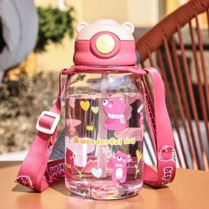 1pc650ml Cartoon Bear With Straw Water Cup Children, Primary School Students Anti-Drop Plastic Cup Kindergarten, School Water Bottle Baby Learning Cup (Straps Need To Install Themselves) Multicolor