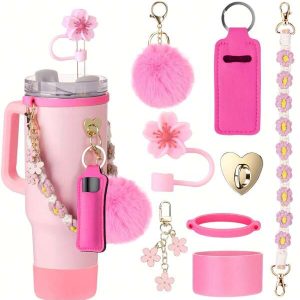 Cup Accessories 8PCS Silicone Sports Water Bottle Accessory Set - Universal Compatibility Handle, Protective Sleeve, Straw Cover, Lipstick Bag & Charms For 30oz/40oz Tumblers Pink