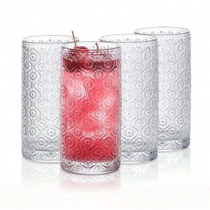 4PCS,Glass Cups Vintage Glassware, Drinking Glasses 12.5oz, Embossed Pattern Style Transparent Cocktail Glasses Set, For Ice Coffee,Juice,Beer,Bar Beverages,Drinkware, Transparent (L) Transparent