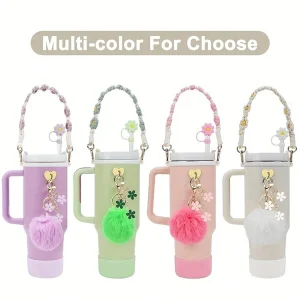 7pcs Compatible Accessories Set: Water Bottle Handle Strap, Cup Decor, Flower Straw Hat, Cup Sleeve, Cup Chain, Colorful Keyring, Plush Ball Pendant, Insulated Cup Handle Multicolor