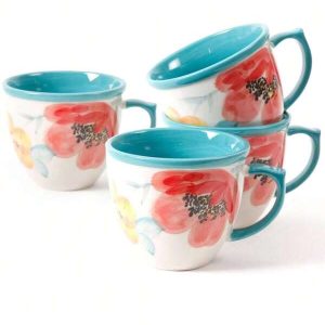 Vintage Bloom Turquoise Cermaic 4-Piece 16-Ounce Coffee Mug Set These Coffee Cups Bring A Vibrant Pop To The Kitchen Or Table. Default