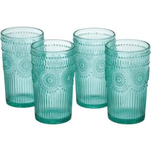 16-Ounce Teal Emboss Glass Tumblers, Set Of 4 These Beautiful 16 Oz Glass Tumblers Are Decorated With Vintage Embossed Country Designs That Bring A Charming Farmhouse Feeling To Any Occasion. Default