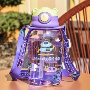 1pc Kids Water Bottle, Portable Strap Plastic Straw Cup Suitable For Boys & Girls Back To School, Summer Multicolor