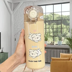 Cute High Quality Kids Insulated Cup, Dog Shaped Straw Water Bottle, Portable Stainless Steel Water Flask For Boys & Girls, School Use Coffee Brown